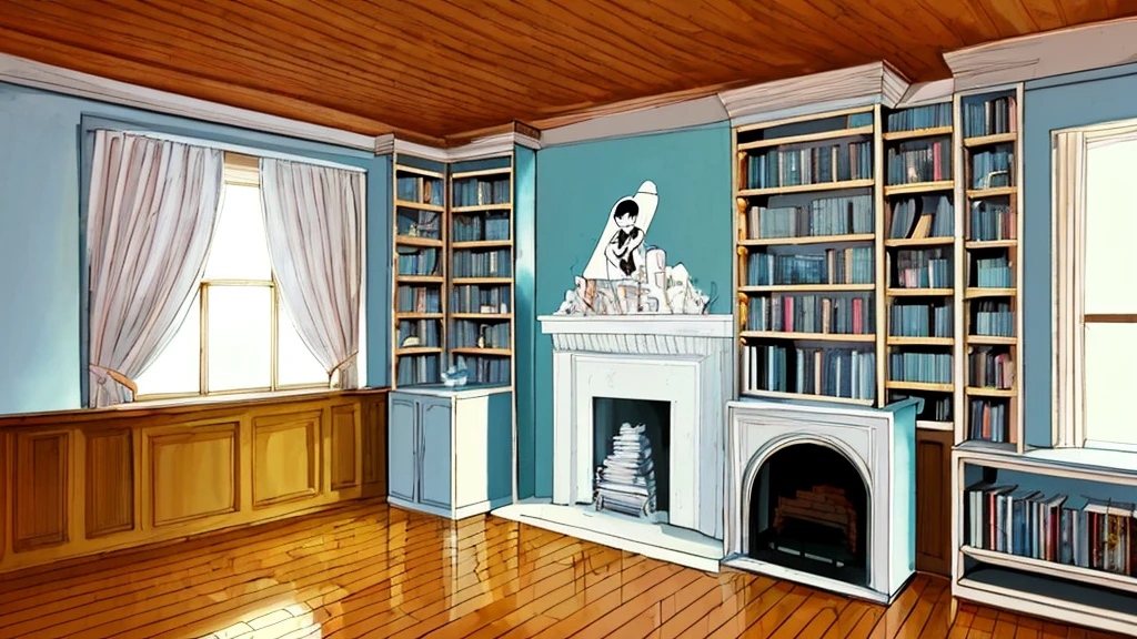 Disney cartoon style, a stylish and classic room in the 1960s in America, with a wooden baseboard, a plain floor, one wall of the room is covered with a classic wooden bookcase that is full of books, a stylish fireplace in be a room.