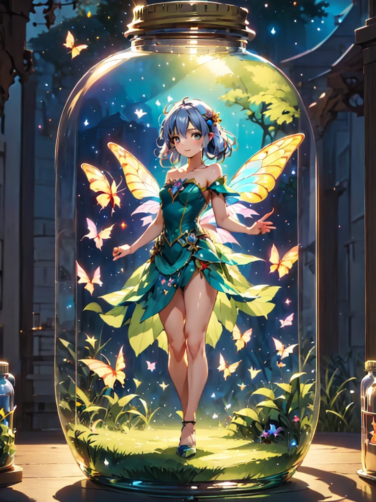 (masterpiece, top quality), intricate details, realistic background, 1 girl, strapless dress, silver hair, long hair, look at the viewer, 10 years old, young, happy, bright, twinkling flash, butterfly wings, small wings, midnight, Full body image, (((in a bottle))), small fairy, short stature,, library, magic potion, laboratory, magic, magic circle, (((Bottled))), indoor