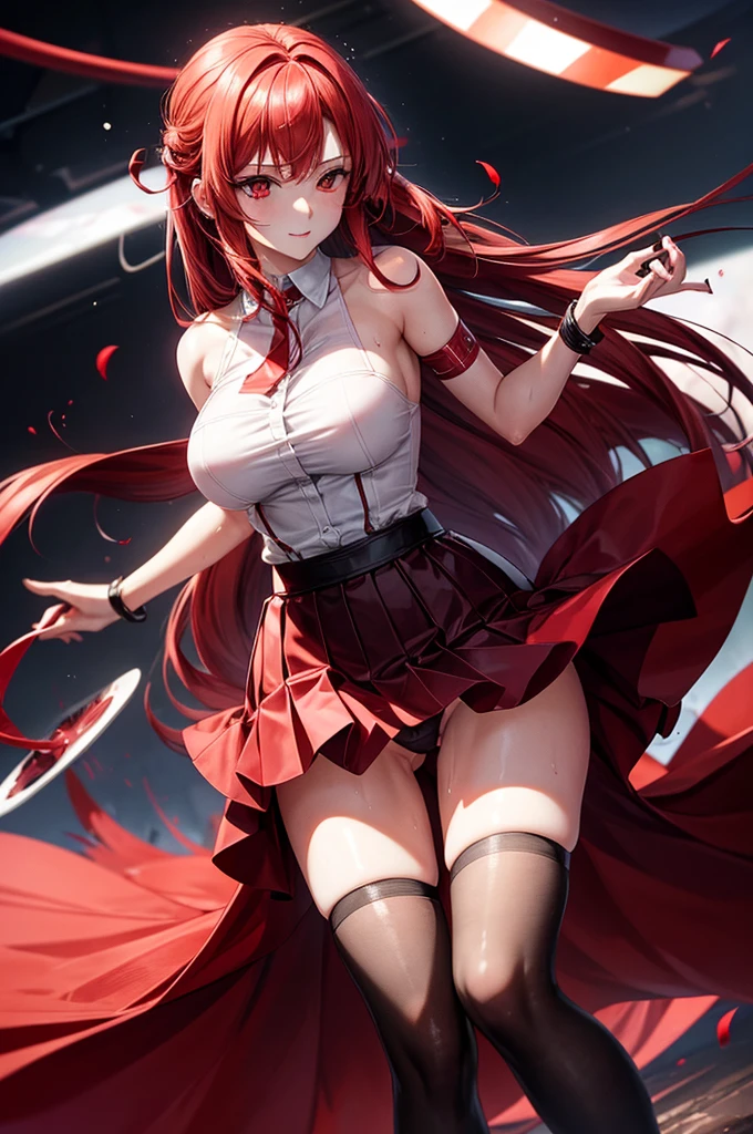 a better (red hair red eyes half closed) she rotates with pleasure while a dildo stimulates her while she is wearing (a skirt that shows her wet and sticky panties)
