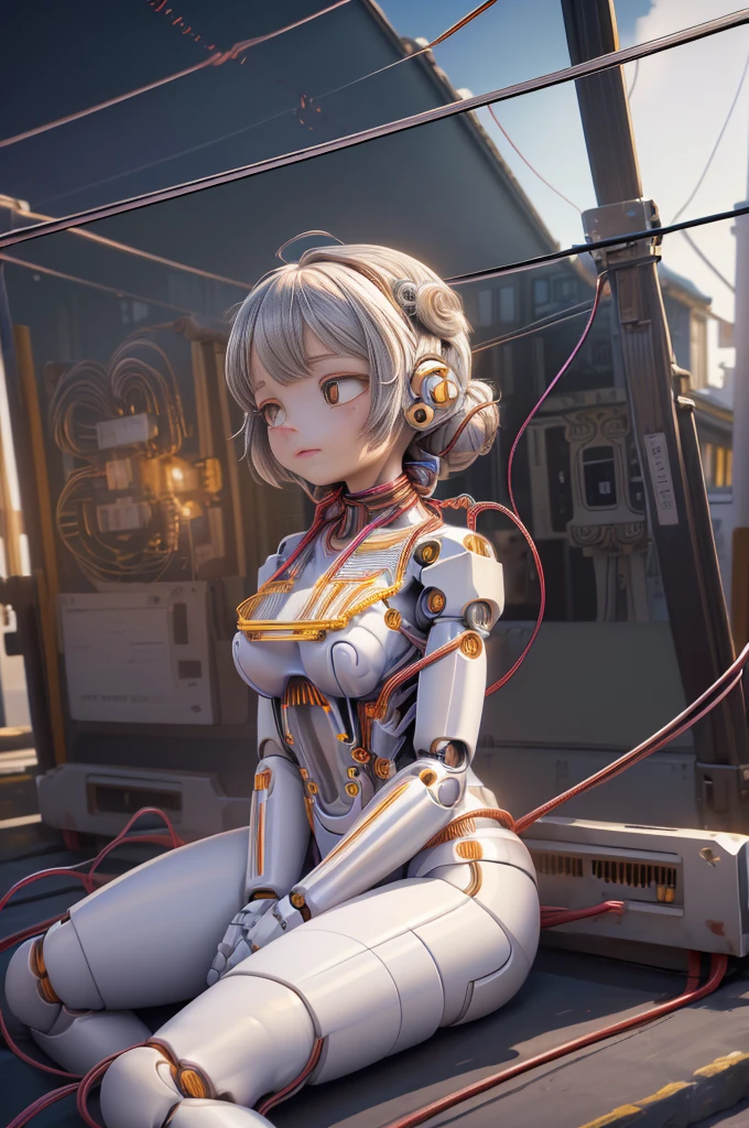 (masterpiece, Highest quality, Highest quality, Official Art, beautifully、aesthetic:1.5), (One girl:1.6), Very detailed,colorful,Most detailed ((Super detailed)), (Highly detailed CG illustrations), ((Very delicate and beautiful)),(From the side),Cinematic Light,((1. Machine Girl)),alone,whole body,(Machine made joints:1.9),((Mechanical limbs)),(Blood vessels connected to tubeechanical vertebra attaching to back),((Cervical vertebrae mechanically attached to the neck)),(Sitting),Expressionless,(Wires and cables around the neck:1.8),(Overhead wires and cables:1.8)(Character Focus),sf,White Background,(Blood:1.5),