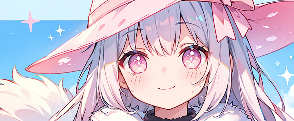 summer、1 girl、((Silver fur))、((Pink sparkly eyes))、A sloppy smile、Open your mouth