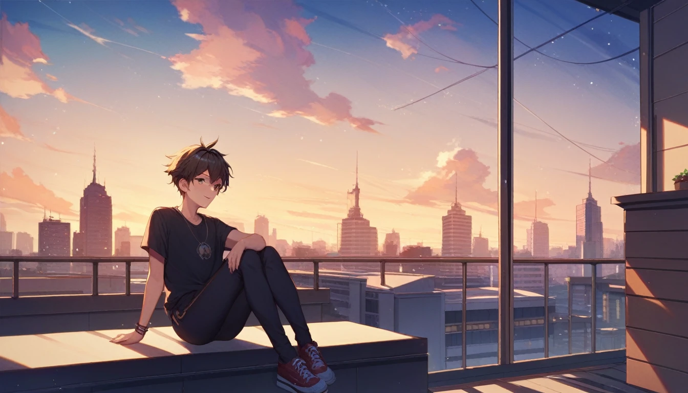 Anime paintings inspired by Makoto Shinkai、Space Art、A black cat sitting on the roof of a building and looking at the sky、mysterious、Fantasy、Meteors、Complex Light、Twinkling city lights、