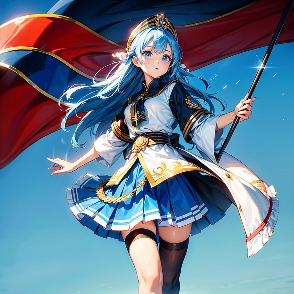 One girl、Dynamic configuration、marching band、(((masterpiece、Highest quality、Official Art、Very detailed、Handsome face、Dynamic configuration)))、Anime Style、(Milky white and blue hair:1.3),(blue eyes:1.4),(Bright colors:1.4),((麻の葉background:1.3)),, marching bandのユニフォーム, marching bandの帽子、mini skirt, Frills, Two hands holding a black and white gold embroidered flag,（background:Large red flag and gold flower embroidery on the back, Note, )、Giant Flag、旗をbackgroundにかっこいい構図