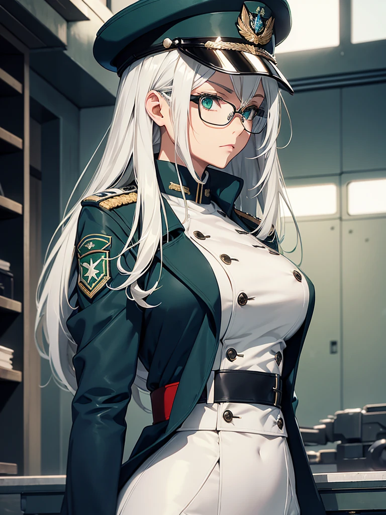 masterpiece, best quality, beautiful girl, white hair with green color inner, green eyes color, blue gray military uniform, mature_female, eyes glasses , white gloves, anime, blue gray military hat, very_long_hair, perfect body, red ribbon, commander, science_fiction, black knee-high boots, white pants, cowboy_shot , large_breasts, ultra-detailed, high quality, modern military uniform, sci-fi, dark blue Trench Coat, 1girl, 4k, military base ,perfect hands