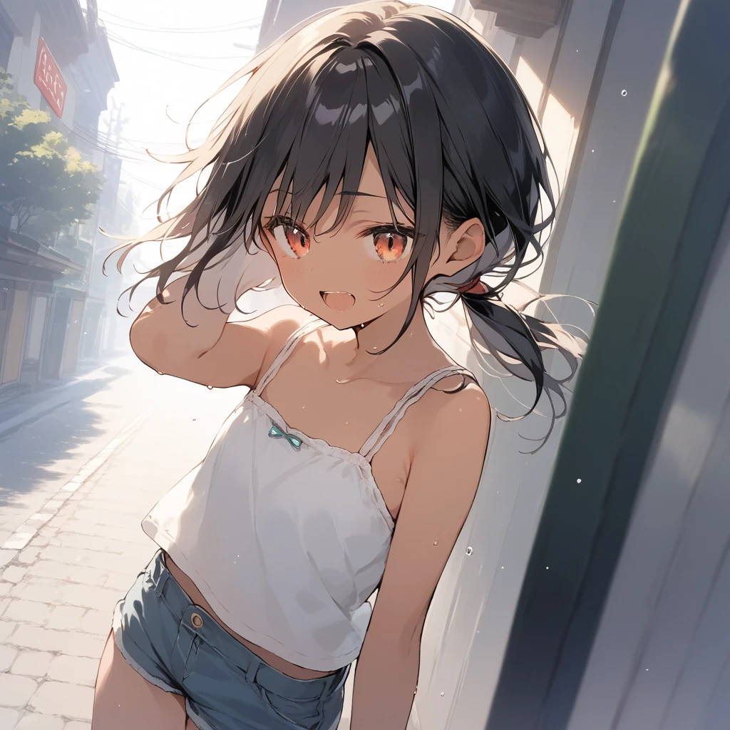 score_9, score_8_up, score_7_up, source_anime, best quality, masterpiece, official art, absurdres, highres, ultra-detailed,waifu2x,Collection: Slice of Life,break,1girl, tomboy, dark-skinned female, short hair, low ponytail, flat chest, beautiful detailed eyes, short shorts, sweat, open mouth, (yawn:0.3), sleepily, outdoors, wind, break,(clear line illustration:1.2),very high resolution, very aesthetic, super detailed skin, Best sexual lighting powered by famous artist, 8k,cute picture,beauty illustration,photoshop_(medium),,(Detailed Lighting),best anime 8k konachan wallpaper, pixiv contest winner,