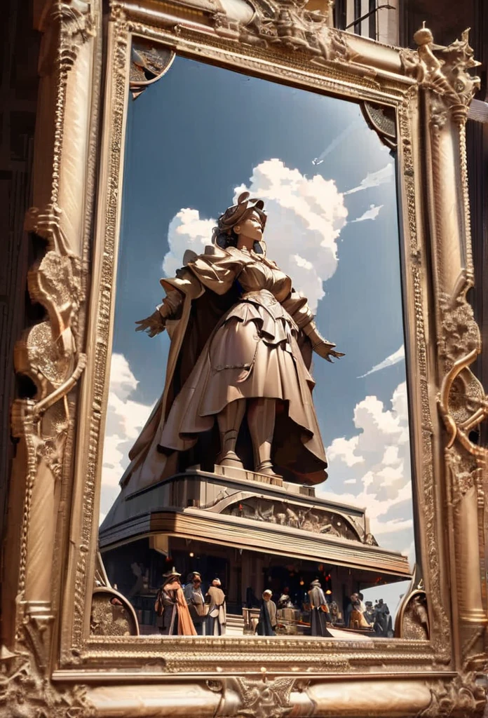 Woman statue, super giant, worshiping crowds, scriptures shine in the sky, in steampunk style, super fine, 8K, masterful mechanical rendering works, OC renderer, (ultra photo realism)