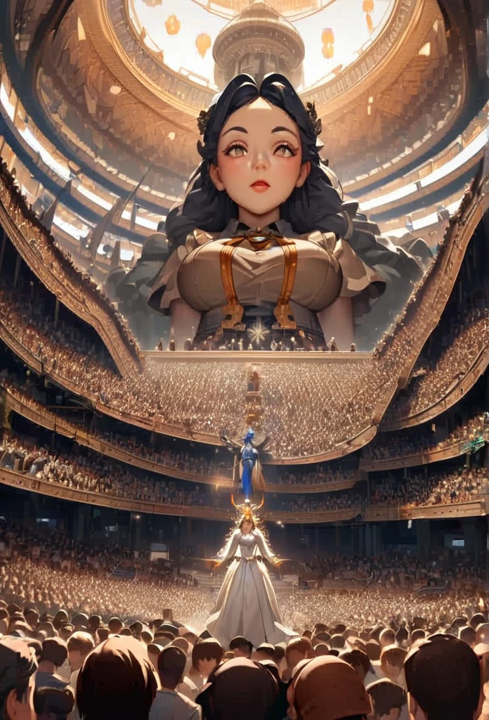 Woman statue, super giant, worshiping crowds, scriptures shine in the sky, in steampunk style, super fine, 8K, masterful mechanical rendering works, OC renderer, (ultra photo realism)