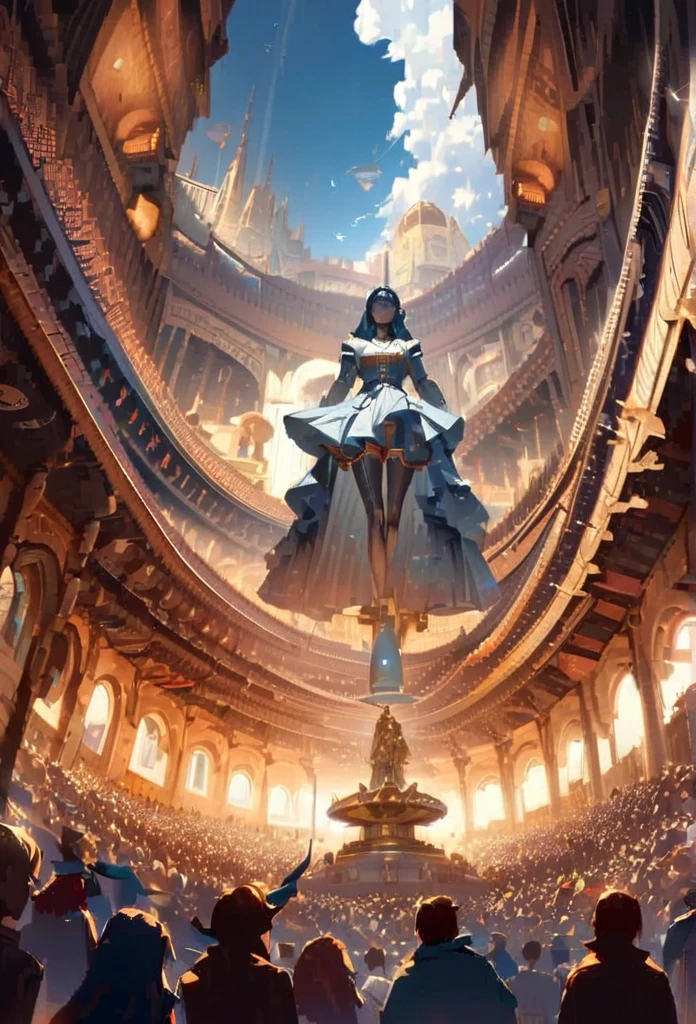 Woman statue, super giant, worshiping crowds, scriptures shine in the sky, in steampunk style, super fine, 8K, masterful mechanical rendering works, OC renderer, (ultra photo realism)