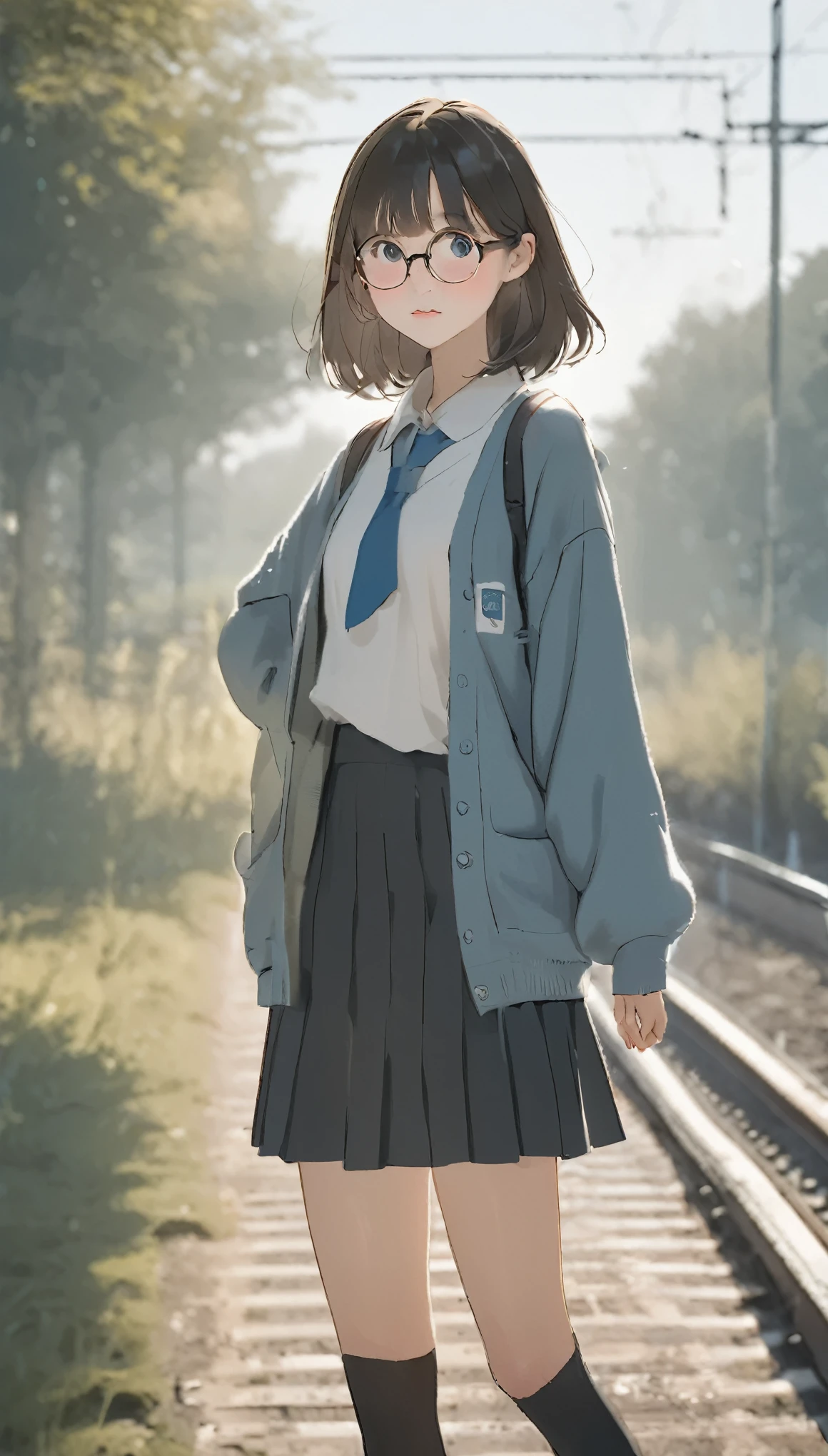Highest quality、masterpiece、Perfect Anatomy、One Girl, Morning Clearance々Shi, Standing and waving, School Area, Rural Scenery, scenery, Round Glasses, School Cardigan, (Sleeves are longer than the wrist), Powerful loafers, Black ash two side up hair, Blunt bangs, Beautiful dark eyes, Black knee socks, Cinema Lighting, Upper Body, :3,Morning station, Unmanned station in the countryside, A humble station, Station platform