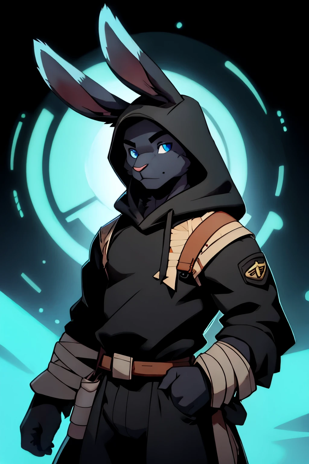 Rabbit man, black wool, hands in bandages, hood, Blue eyes