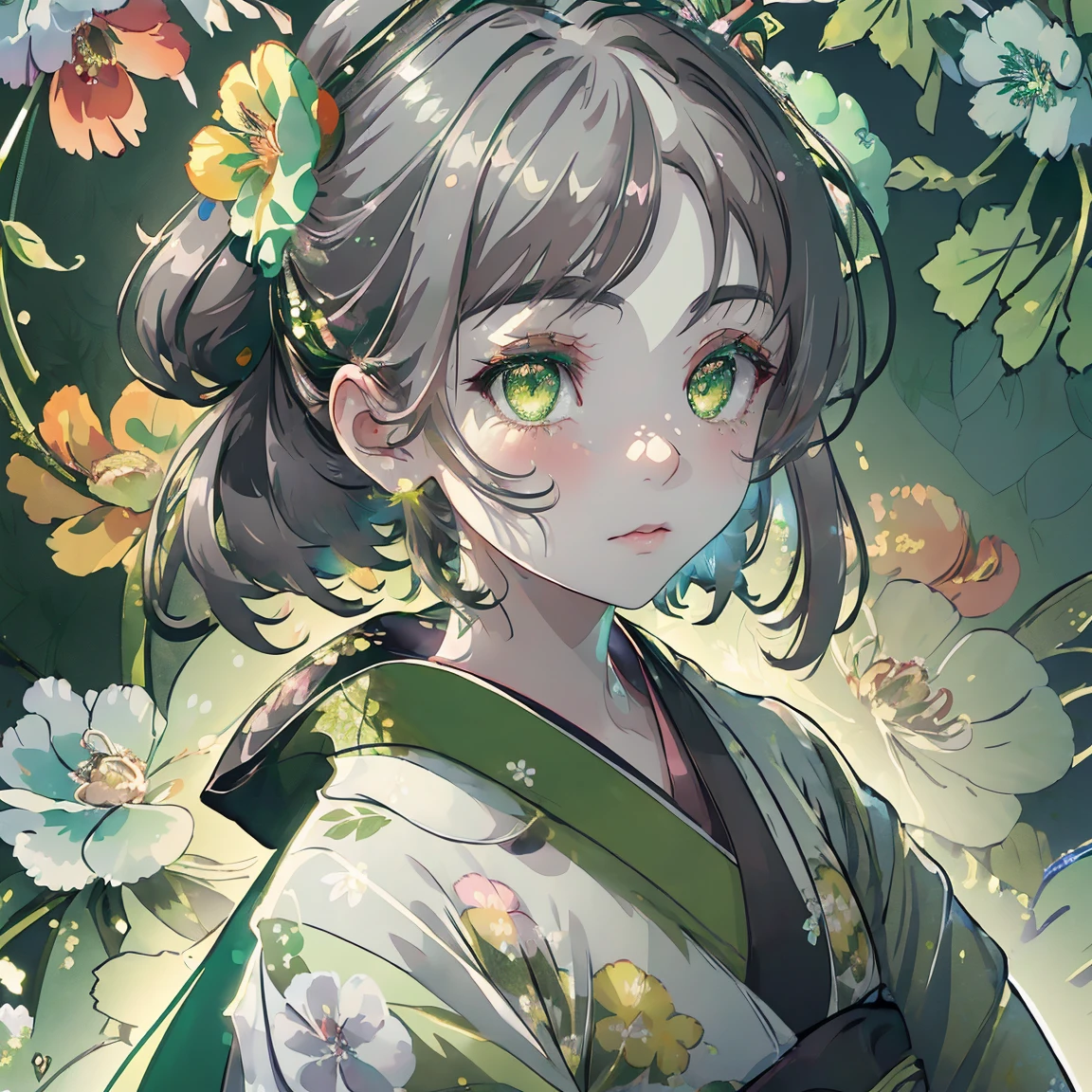 watercolor paiting、(((green floral background:1.3)))、Best Quality, masutepiece, High resolution, (((1girl in))), sixteen years old,(((Eyes are gray:1.3)))、black hair,green kimono,((beautiful green kimono)), Tindall Effect, Realistic, Shadow Studio,Ultramarine Lighting, dual-tone lighting, (High Detail Skins: 1.2)、Pale colored lighting、Dark lighting、 Digital SLR, Photo, High resolution, 4K, 8K, Background blur,Fade out beautifully、green flower world white background looking to the left looking at viewer