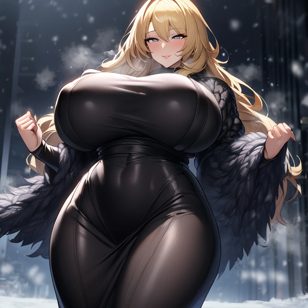 1girl,solo,Mature Women,Females in heat,blonde hair color,long hair,grey eyes,slanted eyes,Fluffy black coat,super huge breasts,slender,black knit long sleeves,Steam comes out of the body,breath,feather shawl,amorous glance,looking at viewer,near,standing up,Snow is falling midnight street