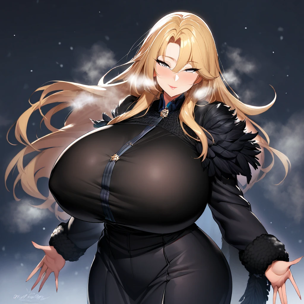 1girl,solo,Mature Women,Females in heat,blonde hair color,long hair,grey eyes,slanted eyes,Fluffy black coat,super huge breasts,slender,black knit long sleeves,Steam comes out of the body,breath,feather shawl,amorous glance,looking at viewer,near,standing up,Snow is falling midnight street