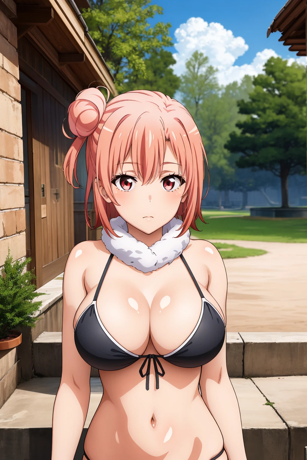 highest quality, High resolution, perfect pixel, Depth of the bounds written, 4k, beautiful anime girl, perfect body, 
looking at the viewer, 
Yuigahama Yui, 1 girl, short hair, pink hair, hair bun, pink eye, 
large breast, 

1 girl, {{{{caveman, leopard far bikini, fur trim}}}}, club (weapon) , holding club , younger, 
outdoor, {{ancient times}}, facing the front, cowboy shot, from outside, perfect anatomy, intricate, (highly detailed),	