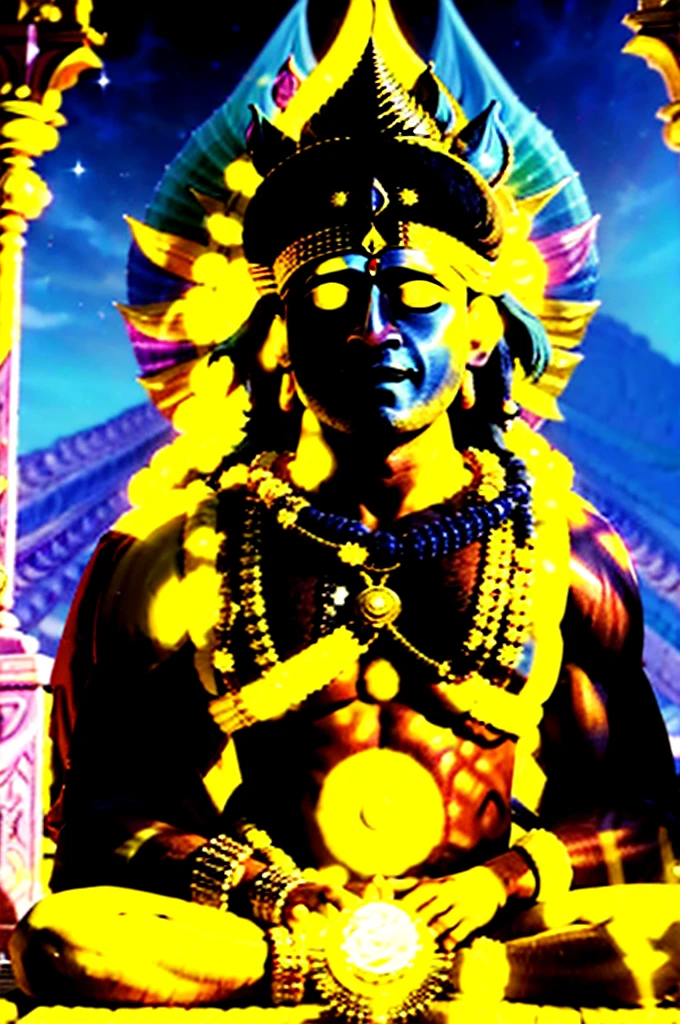 /imagine prompt: 3d animation, personality: Mallaraja Vishnu Singh having a divine dream with Lord Jagannath instructing him to distribute the chariot offerings among the people. Mallaraja Vishnu Singh looking awestruck and determined his dream, with Lord Jagannath appearing majestic and ethereal, conveying a sense of divine guidance. Setting: Dream sequence with celestial background and mystical lighting, Mallaraja Vishnu Singh in his royal attire, Lord Jagannath radiating golden light, creating a surreal and spiritual atmosphereunreal engine, hyper real --q2 --v 5.2 --ar 16:9