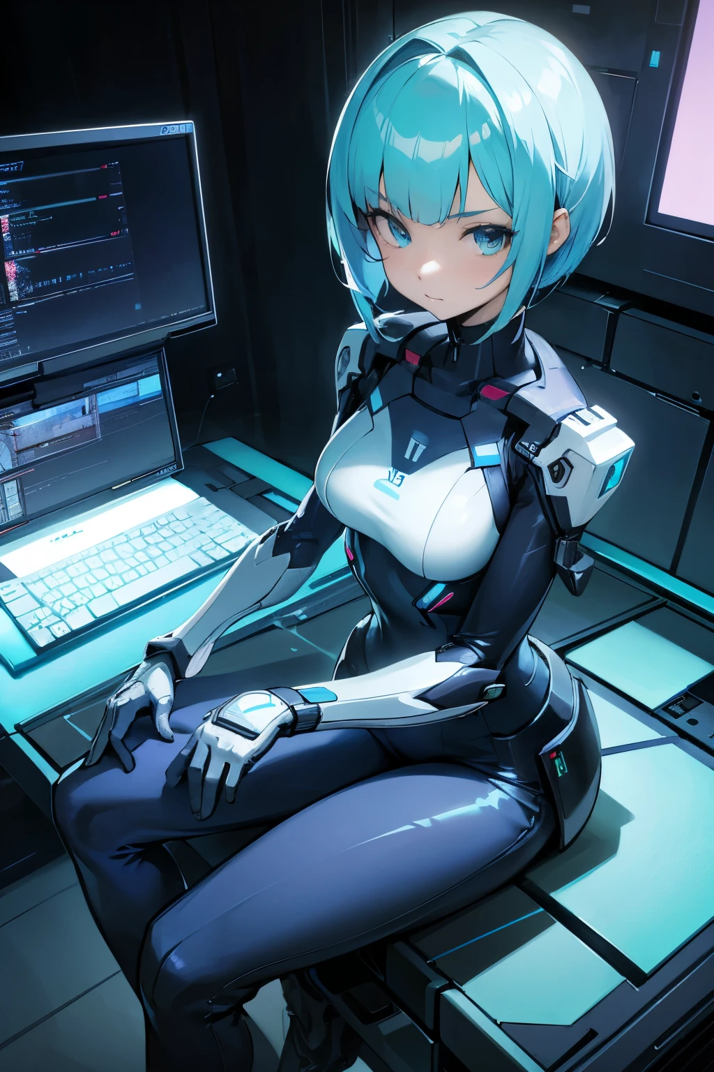 Anime girl in a futuristic PC design, sitting in front of a high-tech monitor, hands hovering over the keyboard, a look of intense focus on her face. The keyboard glows with every keystroke, and the background of the screen is a blend of neon colors and complex coding. Her hair is a sleek, shiny pixie cut, and she wears a fitted, futuristic jumpsuit in shades of blue and silver. She leans forward, demonstrating her proficiency with the advanced technology, her expression filled with excitement and concentration.