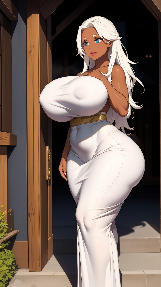 Full Body, Sister New devil, Zest, 1girl, ((bimbo))), long white hair, yellow eyes, dark skin, puffy lips, painted lips, thick lips, wide hips, thick thighs, huge fake breast, huge ass, erotic face , white , perky , shiny skin, breasts squeezed together, huge fake breasts, hand signs, woman-medieval-clothes, robe, tunic