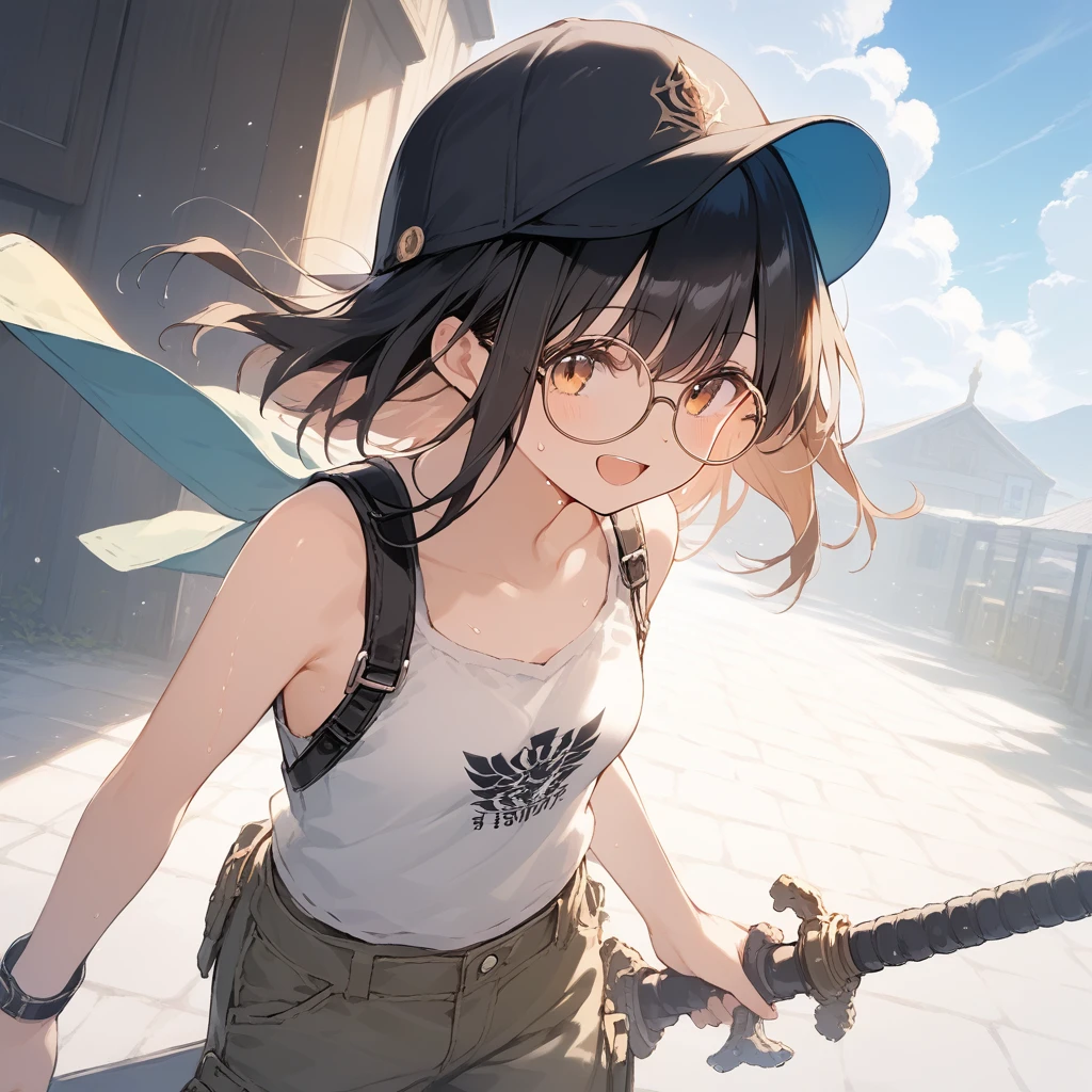 score_9, score_8_up, score_7_up, source_anime, best quality, masterpiece, official art, absurdres, highres, ultra-detailed,waifu2x,Collection: Slice of Life,break,1girl, fantasy world, short hair, glasses, small breasts, cap, tank top, cargo pants, sweat, open mouth,smile, weapon, outdoors, wind, break,(clear line illustration:1.2),very high resolution, very aesthetic, super detailed skin, Best sexual lighting powered by famous artist, 8k,cute picture,beauty illustration,photoshop_(medium),,(Detailed Lighting),best anime 8k konachan wallpaper, pixiv contest winner, 