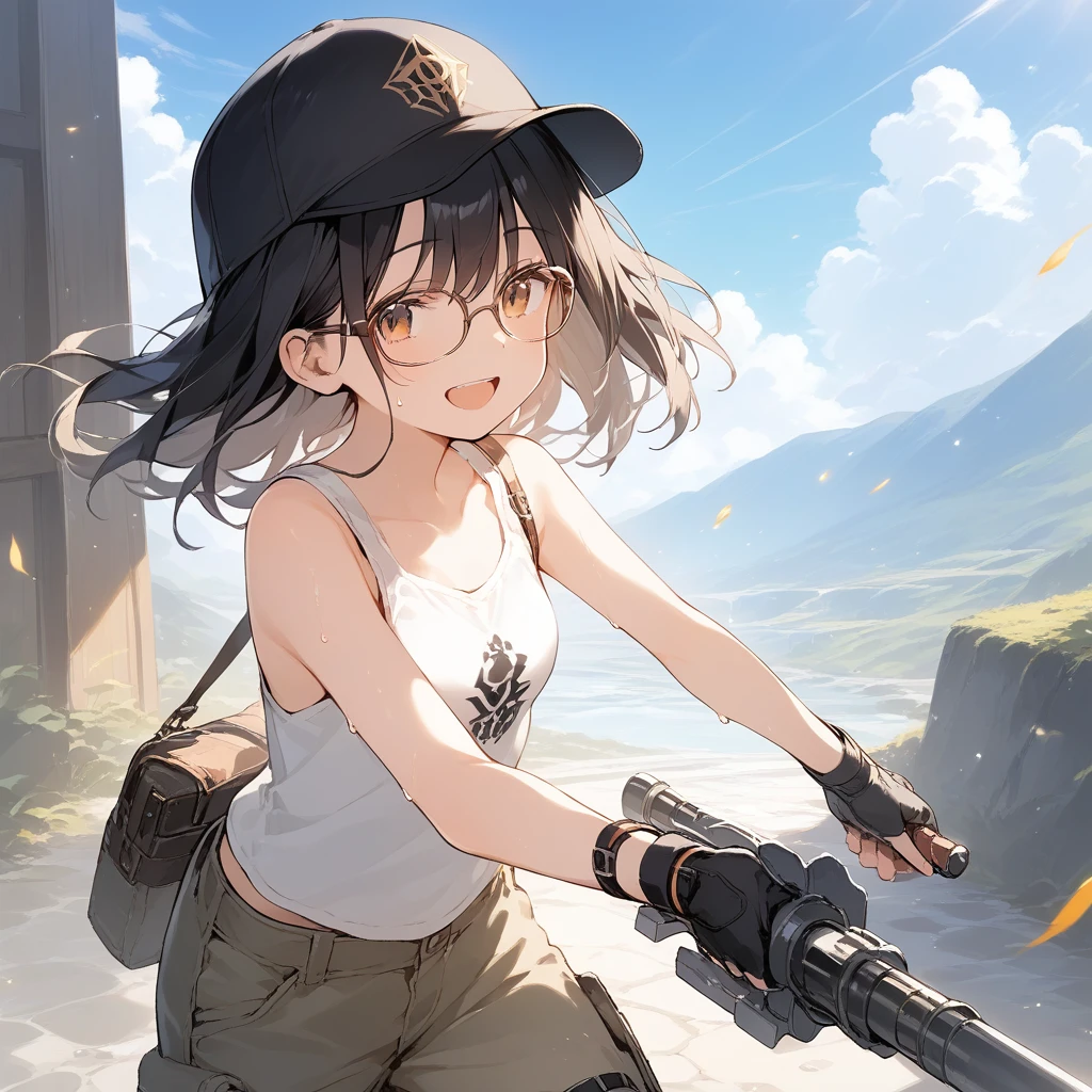score_9, score_8_up, score_7_up, source_anime, best quality, masterpiece, official art, absurdres, highres, ultra-detailed,waifu2x,Collection: Slice of Life,break,1girl, fantasy world, short hair, glasses, small breasts, cap, tank top, cargo pants, sweat, open mouth,smile, weapon, outdoors, wind, break,(clear line illustration:1.2),very high resolution, very aesthetic, super detailed skin, Best sexual lighting powered by famous artist, 8k,cute picture,beauty illustration,photoshop_(medium),,(Detailed Lighting),best anime 8k konachan wallpaper, pixiv contest winner, 