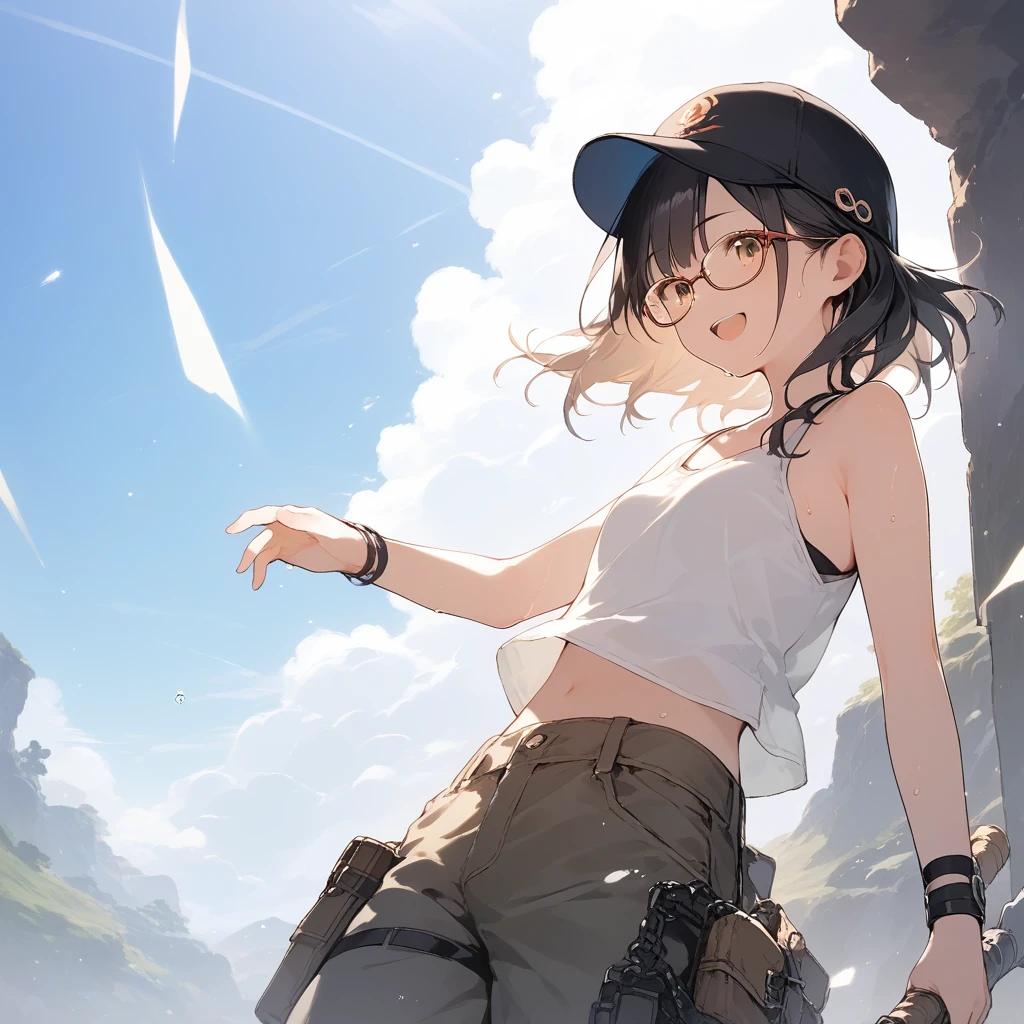 score_9, score_8_up, score_7_up, source_anime, best quality, masterpiece, official art, absurdres, highres, ultra-detailed,waifu2x,Collection: Slice of Life,break,1girl, fantasy world, short hair, glasses, small , cap, tank top, cargo pants, sweat, open mouth,smile, weapon, outdoors, wind, break,(clear line illustration:1.2),very high resolution, very aesthetic, super detailed skin, Best sexual ng powered by famous artist, 8k,cute picture,beauty illustration,photoshop_(medium),,(Detailed Lighting),best anime 8k konachan wallpaper, pixiv contest winner, 