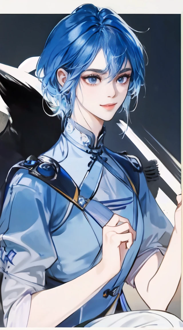 Masterpiece, Best quality, 1 Tang Wu Tong, the expression is cold, strong, blue eyes, wolfcut short hair, smoky mix blue color hair, resolute eyes, simple uniform, long black eardrop, Chinese mix morden, frontal photo, simple background, black or white background, wolfcut hairstyle, anime, illustration, haft body, Tang wu tong