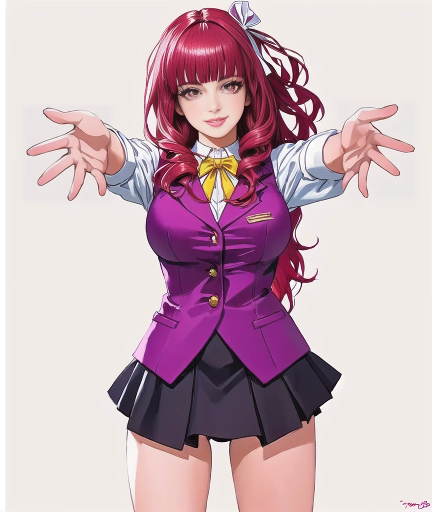 1girl, red hair girl, long hair,blunt bangs, red eyes, smiling, reaching out hand, white tie side bikini, detailed eyes, detailed lips, photorealistic, highly detailed, intricate details, studio lighting, beautiful colors, warm lighting, dynamic pose, cinematic, elegant, graceful, pink hair ribbon