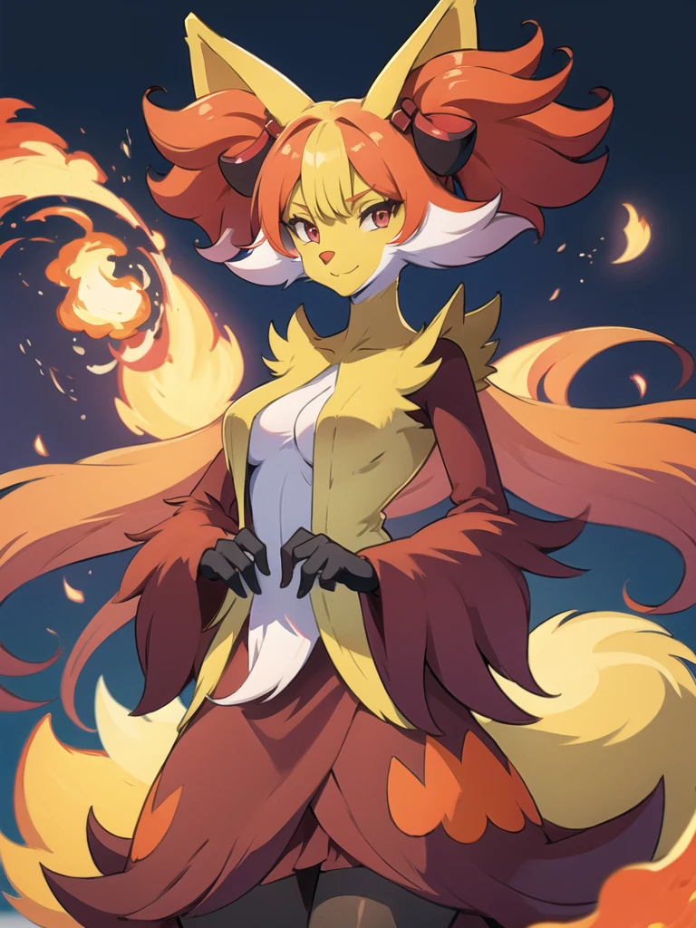 (masterpiece, best quality:1.2), solo, 1girl, delphox, furry, multicolored fur, looking at viewer, tail