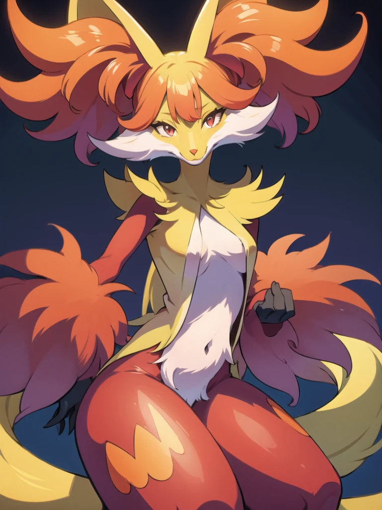 (masterpiece, best quality:1.2), solo, 1girl, delphox, furry, multicolored fur, looking at viewer, tail