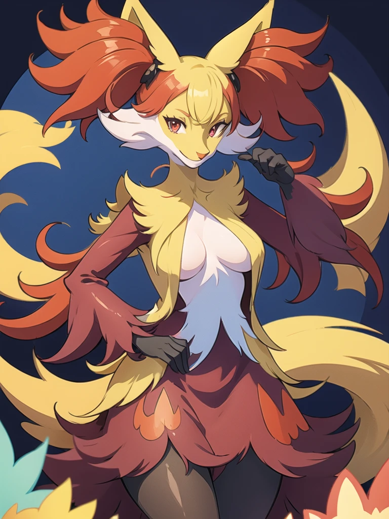 (masterpiece, best quality:1.2), solo, 1girl, delphox, furry, multicolored fur, looking at viewer, tail