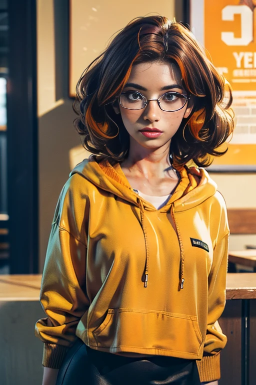 (best quality,4k,8k,highres,masterpiece:1.2),ultra-detailed,(realistic,photorealistic,photo-realistic:1.37), female 20 year old college student, tan-bronze skin with thin layer of freckles, long black hair with orange highlights, curly hair, amber colored eyes, (Wearing a yellow hoodie, black pencil skirt, glasses)
