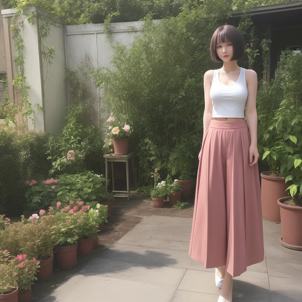 high quality,One girl short bob,Tank top,Long skirt,Pants can be seen from inside the skirt,garden