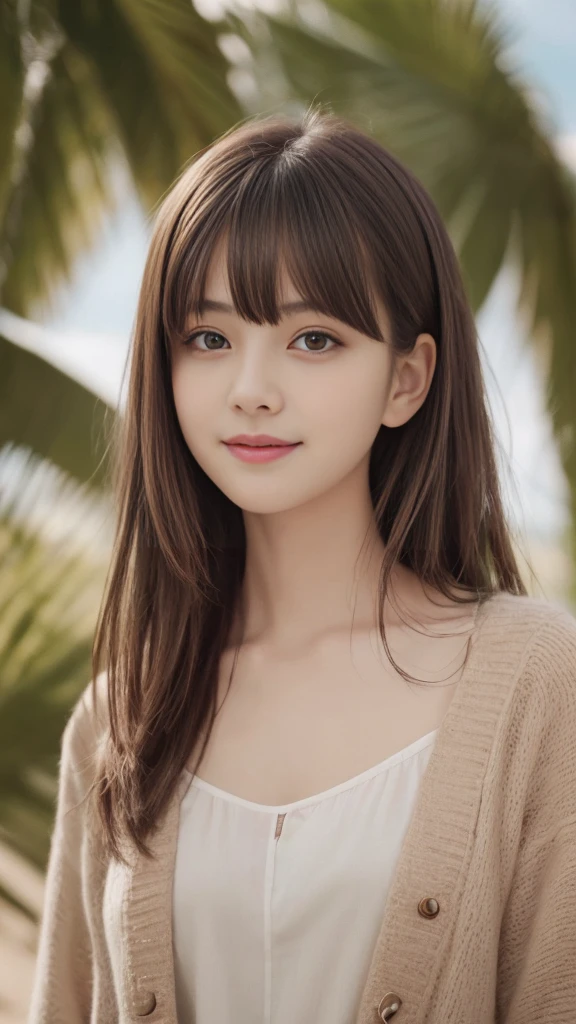 Tropical sandy beach、Standing posture、1girl、((Loli face))、(Full Body Shot)、(Surreal)、(Awareness-raising)、(High resolution)、(8K)、(Very detailed)、(Best illustrations)、(wallpaper)、(Beautiful and detailed eyes)、(Highest quality)、(Ultra-detailed)、(masterpiece)、(Detailed face)、solo、One Girl、Pure Erotic Face Ace_v1、View your viewers、Fine details、Detailed face、Low Key、Laughter、Pixie Cut、Cute clothes、clear、Serious clothes、Diagonal bangs、Brown Hair、