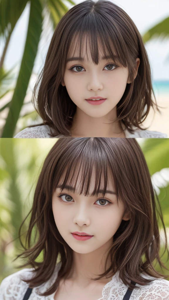 Tropical sandy beach、Standing posture、1girl、((Loli face))、(Full Body Shot)、(Surreal)、(Awareness-raising)、(High resolution)、(8K)、(Very detailed)、(Best illustrations)、(wallpaper)、(Beautiful and detailed eyes)、(Highest quality)、(Ultra-detailed)、(masterpiece)、(Detailed face)、solo、One Girl、Pure Erotic Face Ace_v1、View your viewers、Fine details、Detailed face、Low Key、Laughter、Pixie Cut、Cute clothes、clear、Serious clothes、Diagonal bangs、Brown Hair、