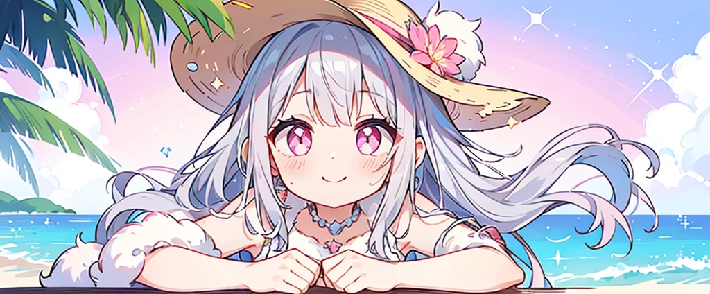 summer、1 girl、((Silver fur))、((Pink sparkly eyes))、A sloppy smile、Open your mouth、Swimwear、Highest quality、Ocean