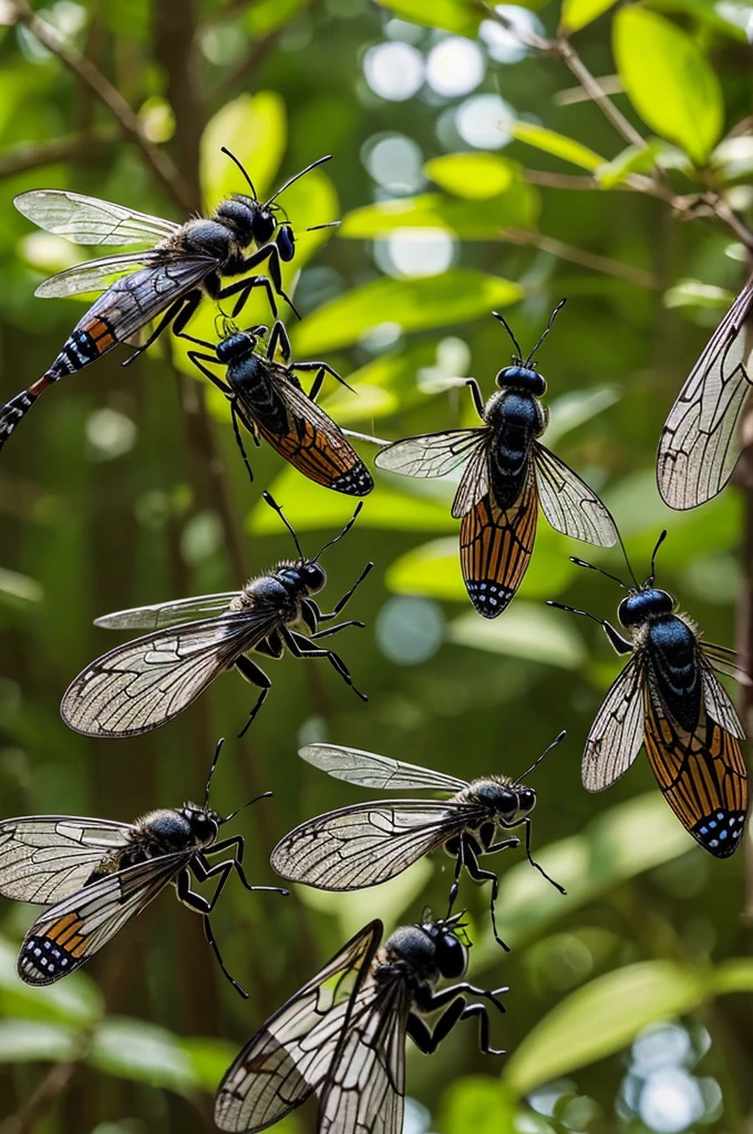 a group of flying insects looking for food in forest 