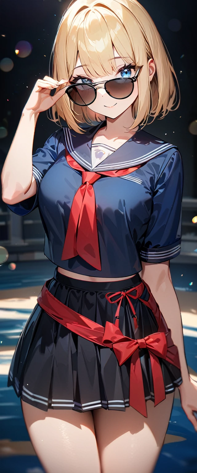 (((One girl))), ((beach)), noon, blond hair, bob cut, breasts, from front, (cowboy shot), standard body, (looking at viewer), ((dark blue serafuku out of skirt)), dark blue skirt, ((red ribbon)), ((sunglasses)), hand to sunglasses, teenager, head tilt:1.3, (((blue eye))), ((happy smile)), anime style, (best quality, 4k, 8k, highres, masterpiece:1.2, ultra-detailed, ultra-detailed eyes, HDR, UHD, studio lighting, ultra-fine painting, sharp focus, physically-based rendering, extreme detail description, professional, vivid colors, bokeh), ((Highest quality, Best image quality, Ultra-high resolution, Ultra-high resolution, solo, Strong eye highlights)), Depth of written boundary, Natural soft light, attractive, Beautiful Face, Cleanliness, Pure Face, nedium chest, Beautiful Face, Perfect Fingers, Perfect hands, Perfect body, Perfect Face, Shine a light into your eyes, Perfect Anatomy