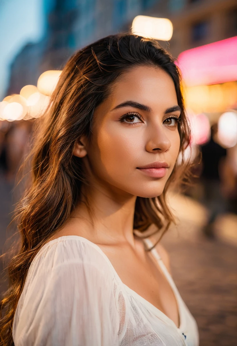 Portrait of a young Brazilian woman in the heart of the busy city during golden hour using a DSLR with 85mm prime lens, aiming for a dreamy and peaceful mood in a close-up with f/1.8 opening, 1/320 second shutter speed, and ISO 100 from a normal angle and eyeline. she is long, wavy brown hair cascades down her back, framing your elegant features. Expressive brown eyes looking directly at the viewer.  Her pink lips are slightly parted, revealing a hint of a playful smile.