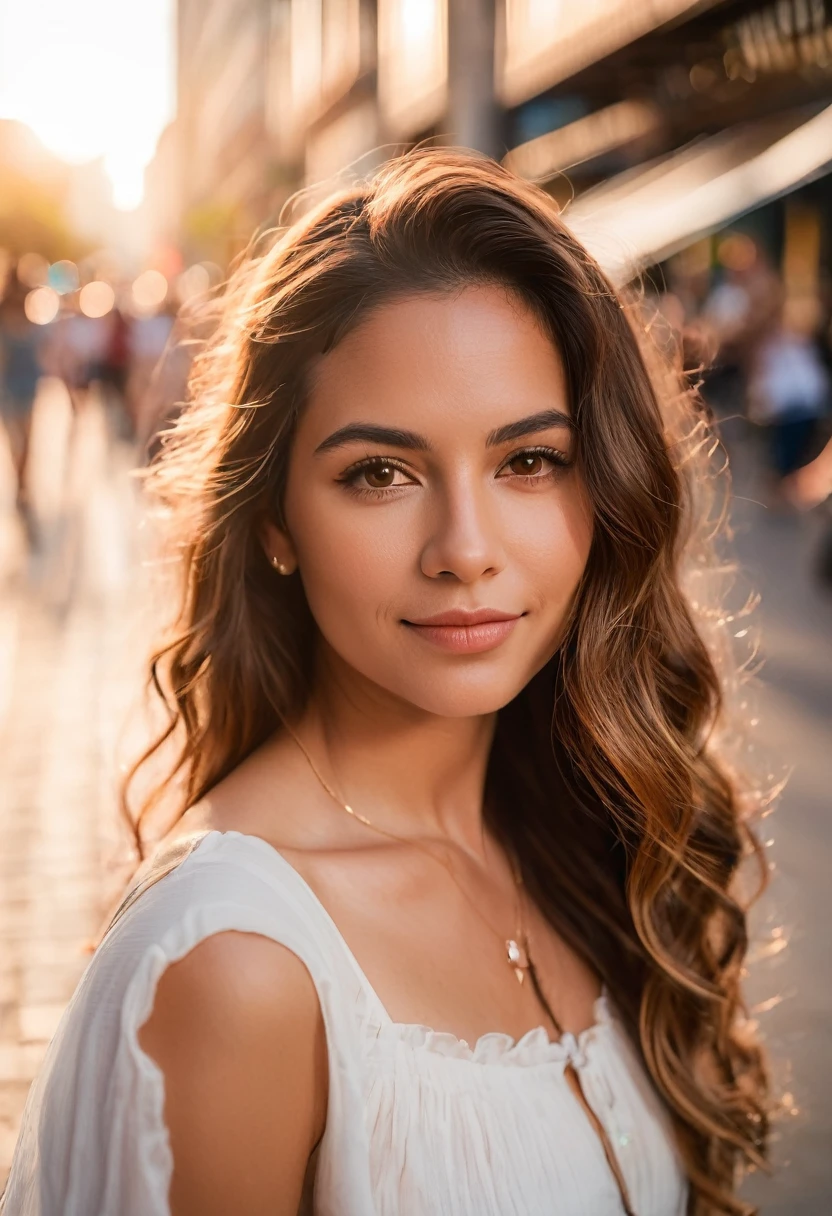 Portrait of a young Brazilian woman in the heart of the busy city during golden hour using a DSLR with 85mm prime lens, aiming for a dreamy and peaceful mood in a close-up with f/1.8 opening, 1/320 second shutter speed, and ISO 100 from a normal angle and eyeline. she is long, wavy brown hair cascades down her back, framing your elegant features. Expressive brown eyes looking directly at the viewer.  Her pink lips are slightly parted, revealing a hint of a playful smile.