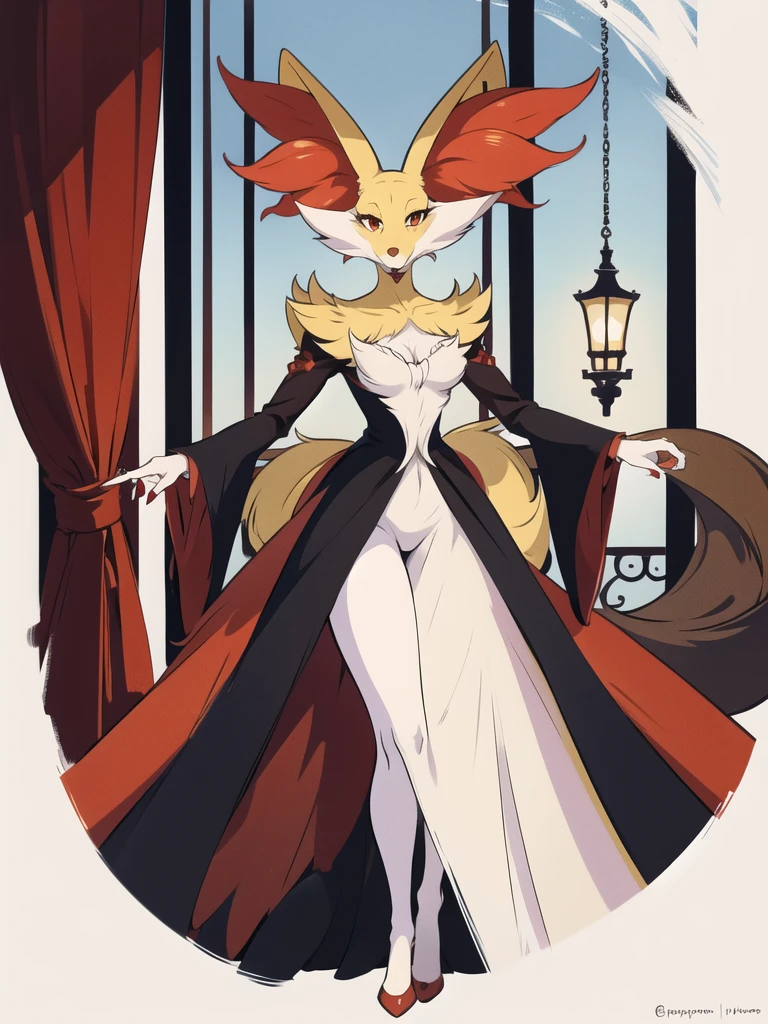 Delphox, red eyes, black legs, regal, (artsy aesthetic:1.2), (fine-details:1.3), (depth), 