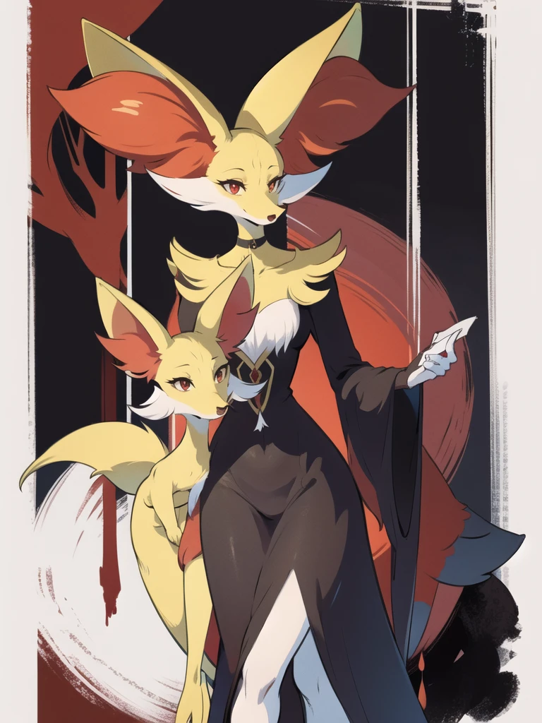 Delphox, red eyes, black legs, regal, (artsy aesthetic:1.2), (fine-details:1.3), (depth), 