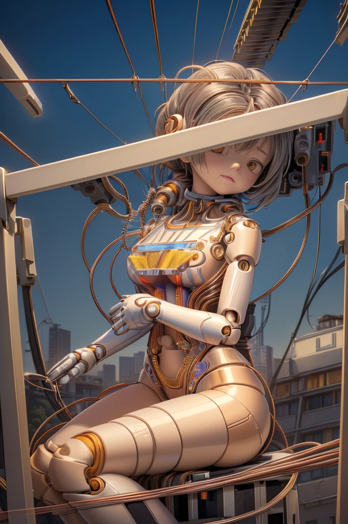 (masterpiece, Highest quality, Highest quality, Official Art, beautifully、aesthetic:1.5), (One girl:1.6), Very detailed,colorful,Most detailed ((Super detailed)), (Highly detailed CG illustrations), ((Very delicate and beautiful)),(From the side),Cinematic Light,((1. Machine Girl)),alone,whole body,(Machine made joints:1.9),((Mechanical limbs)),(Blood vessels connected to tubeechanical vertebra attaching to back),((Cervical vertebrae mechanically attached to the neck)),(Sitting)A severed leg and arm,Expressionless,(Wires and cables around the neck:1.8),(Overhead wires and cables:1.8)(Character Focus),sf,White Background,(Blood:1.5),