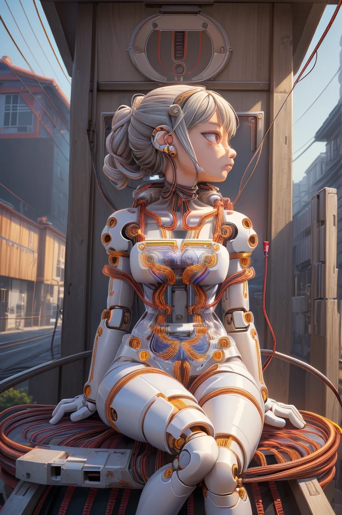 (masterpiece, Highest quality, Highest quality, Official Art, beautifully、aesthetic:1.5), (One girl:1.6), Very detailed,colorful,Most detailed ((Super detailed)), (Highly detailed CG illustrations), ((Very delicate and beautiful)),(From the side),Cinematic Light,((1. Machine Girl)),alone,whole body,(Machine made joints:1.9),((Mechanical limbs)),(Blood vessels connected to tubeechanical vertebra attaching to back),((Cervical vertebrae mechanically attached to the neck)),(Sitting)A severed leg and arm,Expressionless,(Wires and cables around the neck:1.8),(Overhead wires and cables:1.8)(Character Focus),sf,White Background,(Blood:1.5),