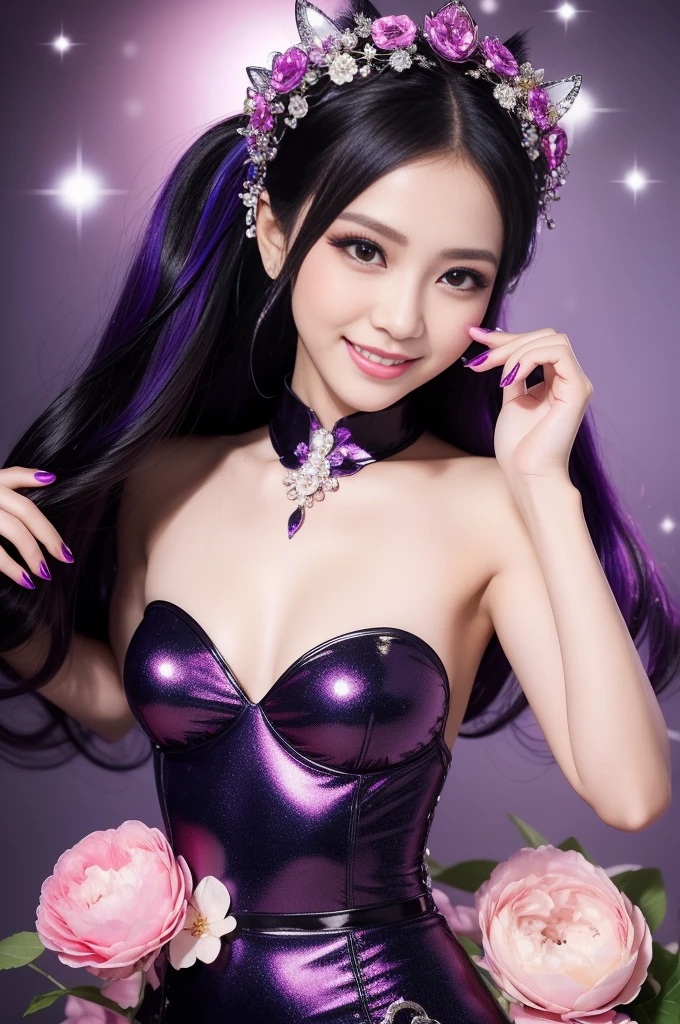 Sexy Indonesian model who controls poison、beautiful smile、lipgloss、long lashes、gothic makeup、defined eyebrows、look at the camera、full body Esbian、、sparkling poisoned flower costume、、、、sparkling Colorful hair、secrete poison、skull hair accessories schnet tights、shiny sparkling flowers background