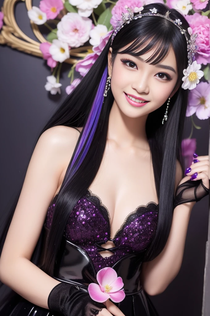 Sexy Indonesian model who controls poison、beautiful smile、lipgloss、long lashes、gothic makeup、defined eyebrows、look at the camera、full body Esbian、、sparkling poisoned flower costume、、、、sparkling Colorful hair、secrete poison、skull hair accessories schnet tights、shiny sparkling flowers background