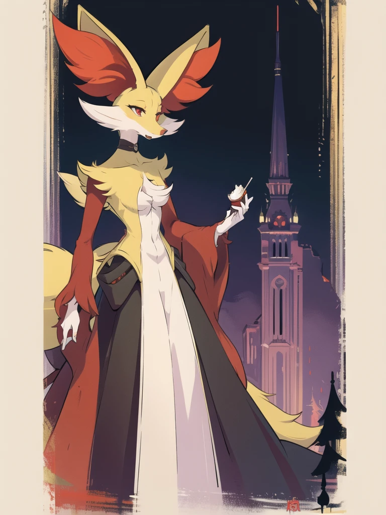 Delphox, red eyes, black legs, regal, (artsy aesthetic:1.2), (fine-details:1.3), (depth), 