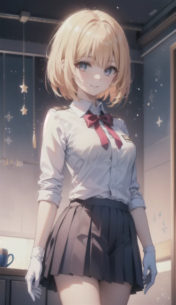 (8K, RAW photos, best quality, masterpiece:1.2), (Practical, photo-Practical:1.37), Extremely detailed,
1 girl,Lovely, Solitary,Beautiful and detailed sky,(Red and swollen nose),(Smile:1.1),(Shut up),Large Breasts, seductive Smile, Big Apartment, Professional lighting, Sony A7R4, Jersey 50mm F1.8,
Medium breasts,Beautiful and delicate eyes,(Collared shirt:1.1), bow tie,Pleated Skirt,(short hair:1.2),Flowing hair ，Long hair，White gloves