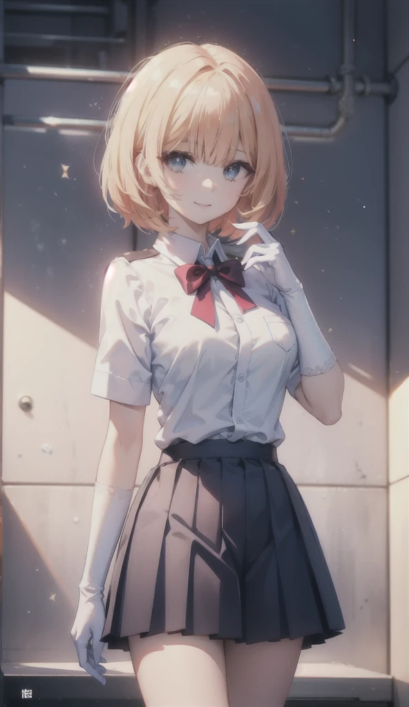 (8K, RAW photos, best quality, masterpiece:1.2), (Practical, photo-Practical:1.37), Extremely detailed,
1 girl,Lovely, Solitary,Beautiful and detailed sky,(Red and swollen nose),(Smile:1.1),(Shut up),Large Breasts, seductive Smile, Big Apartment, Professional lighting, Sony A7R4, Jersey 50mm F1.8,
Medium breasts,Beautiful and delicate eyes,(Collared shirt:1.1), bow tie,Pleated Skirt,(short hair:1.2),Flowing hair ，Long hair，White gloves