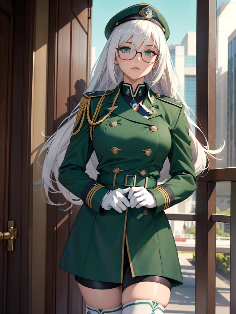 masterpiece, best quality, beautiful girl, white hair with green color inner, green eyes color, blue gray military uniform, mature_female, eyes glasses , white gloves, anime, blue gray military hat, very_long_hair, perfect body, red ribbon, commander, science_fiction, black knee-high boots, white pants, cowboy_shot , large_breasts, ultra-detailed, high quality, modern military uniform, sci-fi, dark blue Trench Coat, 1girl, 4k, military base ,perfect hands