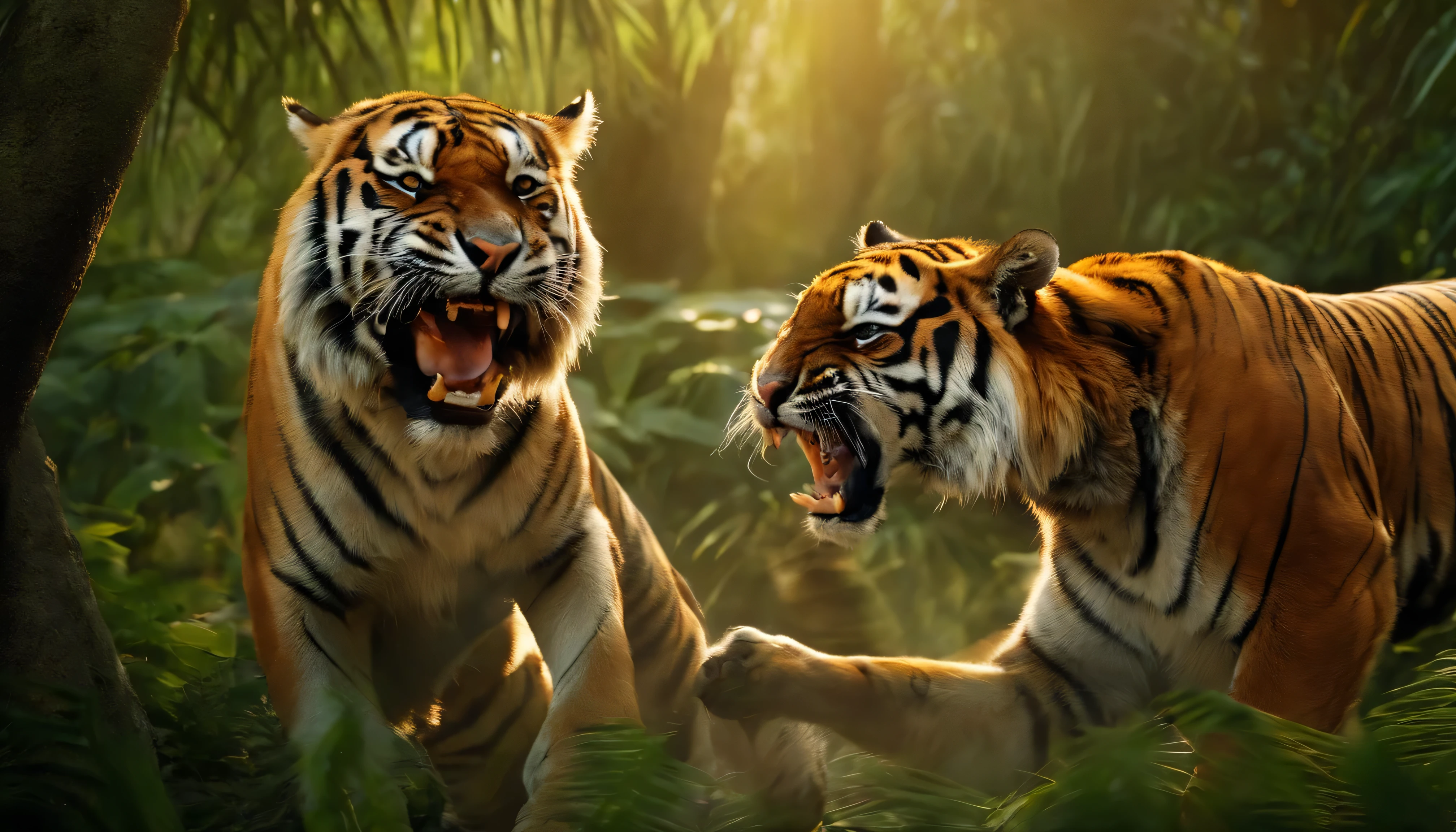 Two wrathful tiger fighting and bitting each other in a jungle