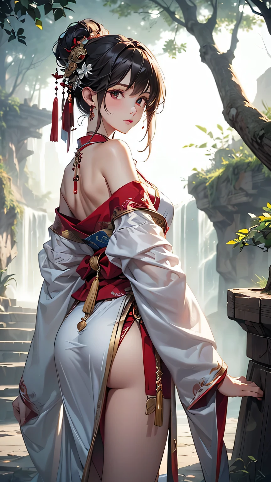 (masterpiece:1.5, Highest quality, Very detailed、 Dutch Angle、Semi-Realistic、Fantasy)(One girl, alone)(White and beautiful hair,,Straight Long Hair)(Wearing Han clothes, Royalty、White and red Hanfu:1.6,Thick fabric,Long sleeve)、((Off the shoulder、Medium Chest、ruby ​​necklace))(From behind：1.4,The buttocks are slightly exposed、Legs wrapped in tights)(Cherry tree、dead tree、Mystical Night、Particles of light float around the woman、Space for fantasy)
